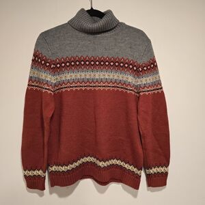 Vintage 90s Fair Isle Nordic Turtleneck Sweater Knit XL Womens Wool Blend Red